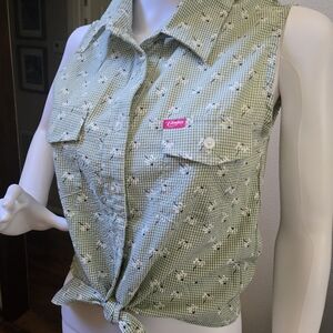 Candies Gingham  Floral Green Sleeveless Tie Front Top